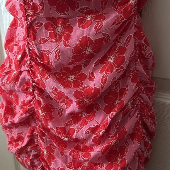 Zara Womens Pink Red Floral Ruched Bodycon Mini Dress Sz Med Summer 💕 - Picture 10 of 14